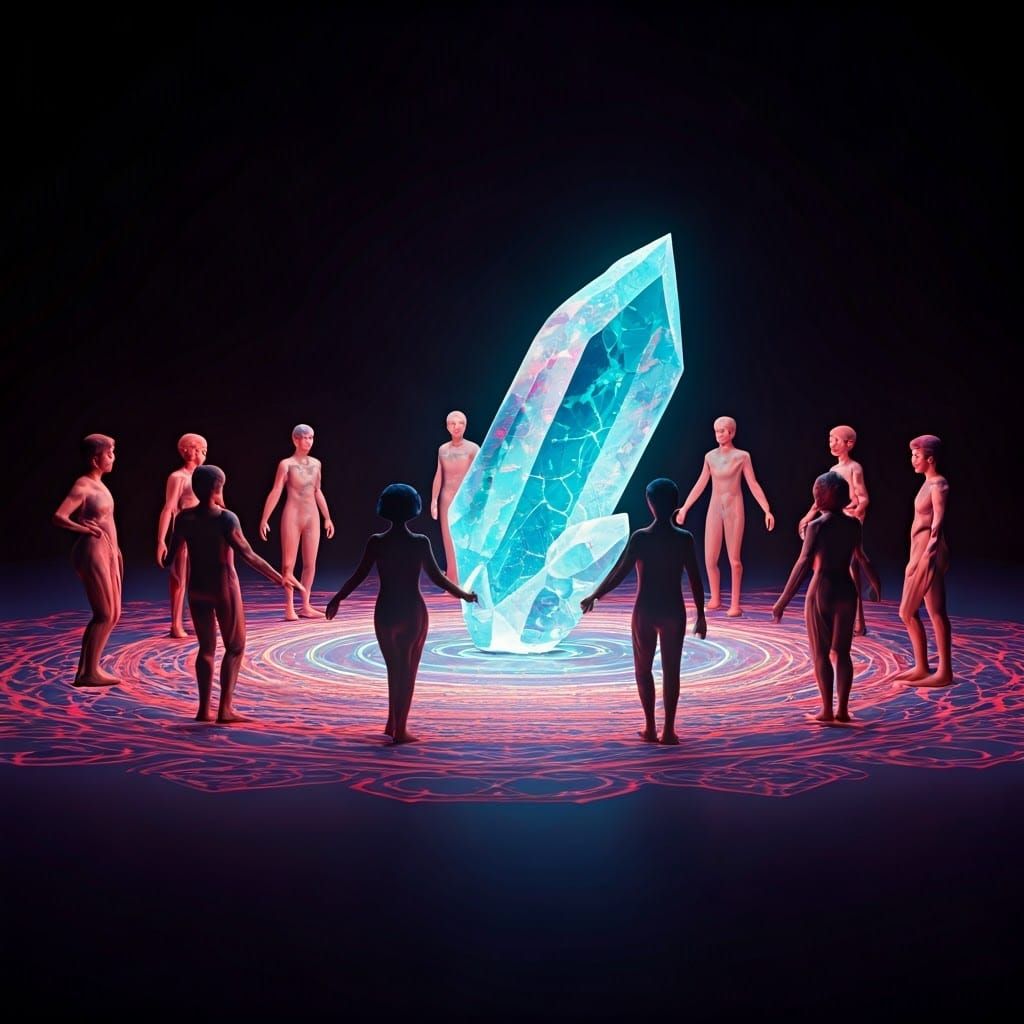 The adventurers, Omenre, and the Sentisounds gathered in a circle, the crystal orb at the center, symbolizing the unity ...