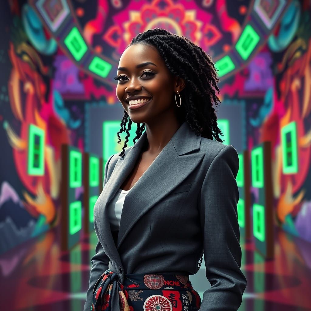 Smiling Woman in Suit with Portals, Hyperrealistic Style