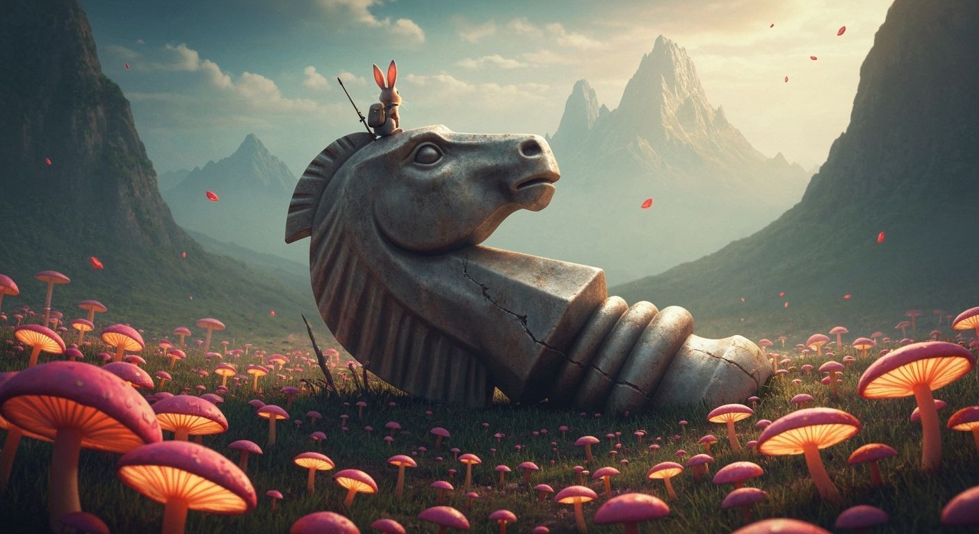 Giant Knight Chess Piece Amidst Glowing Mushrooms