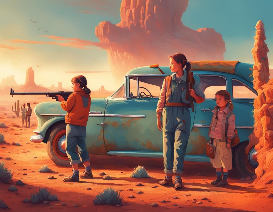 Desert Adventure: Girls with Vintage Car, Fantasy Art