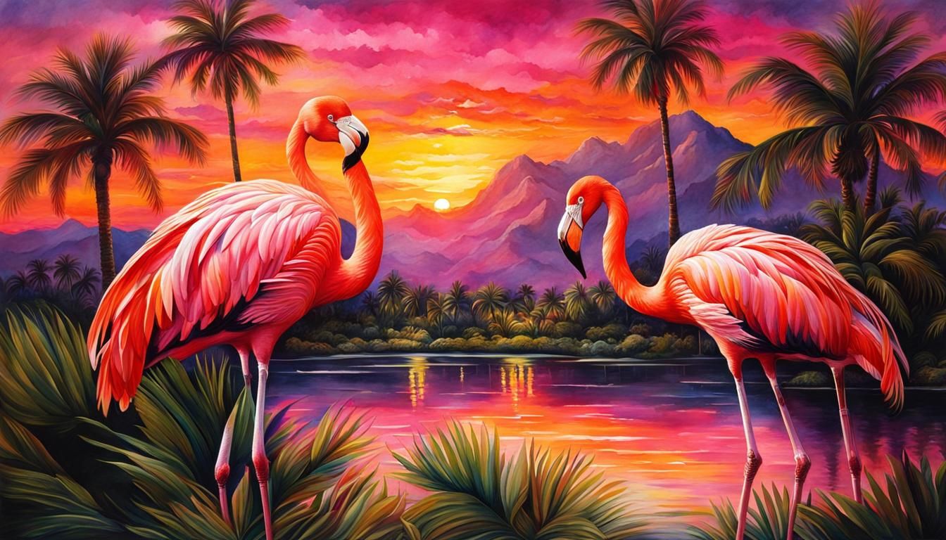 Elegant Flamingo Sunset in Watercolor