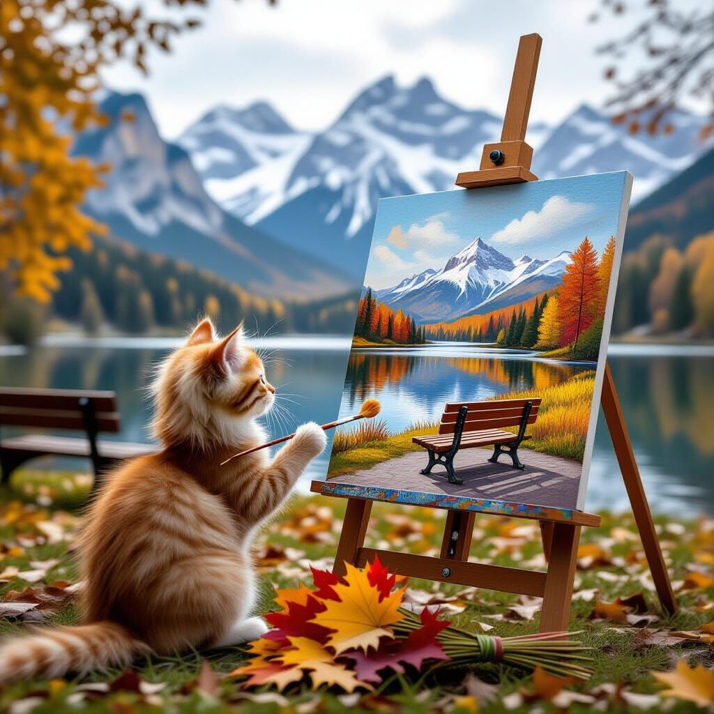 Kitten Artist Paints Autumn Landscape in Snowy Mountain Sett...
