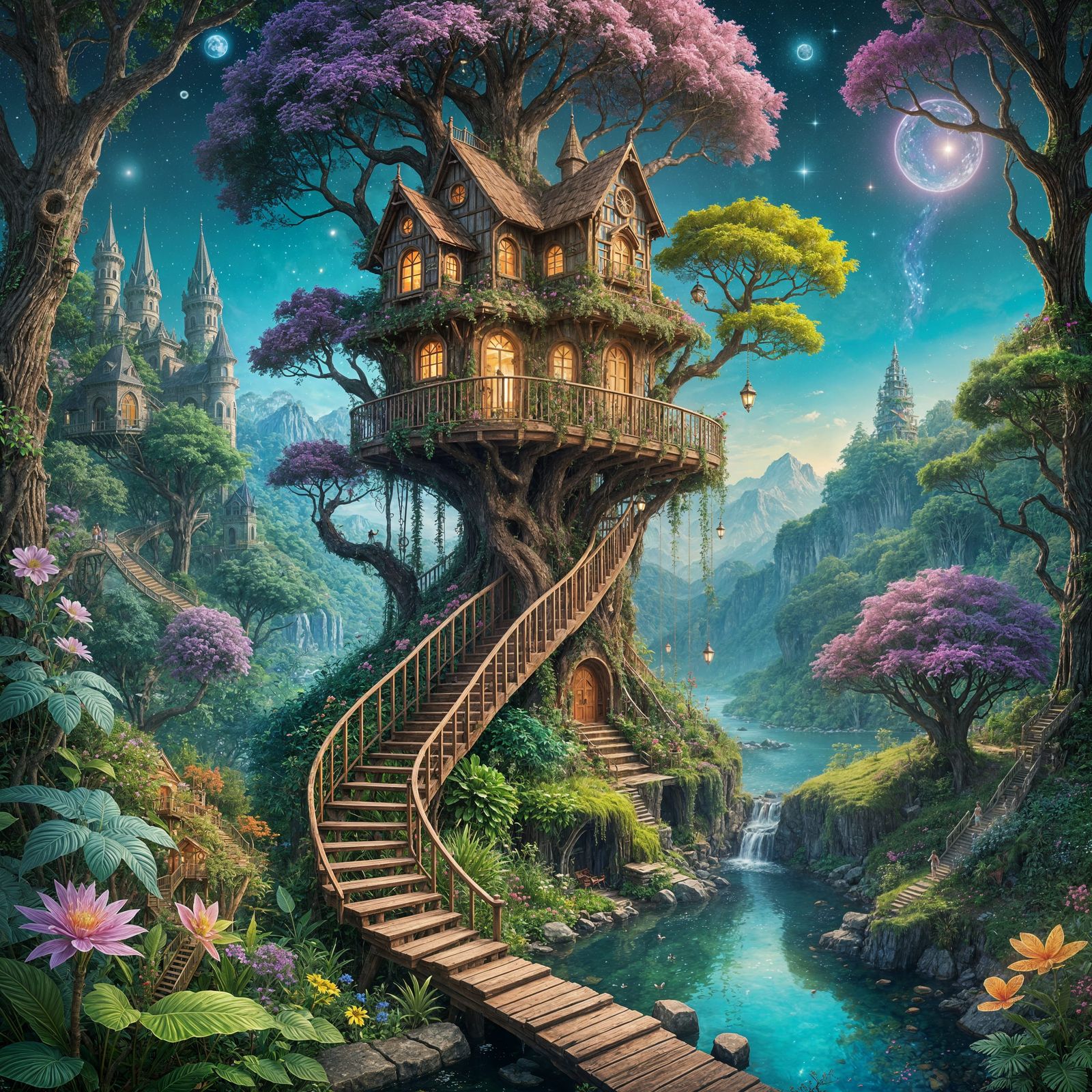 Fairy Treehouse Over River: Astral Cosmic Illustration