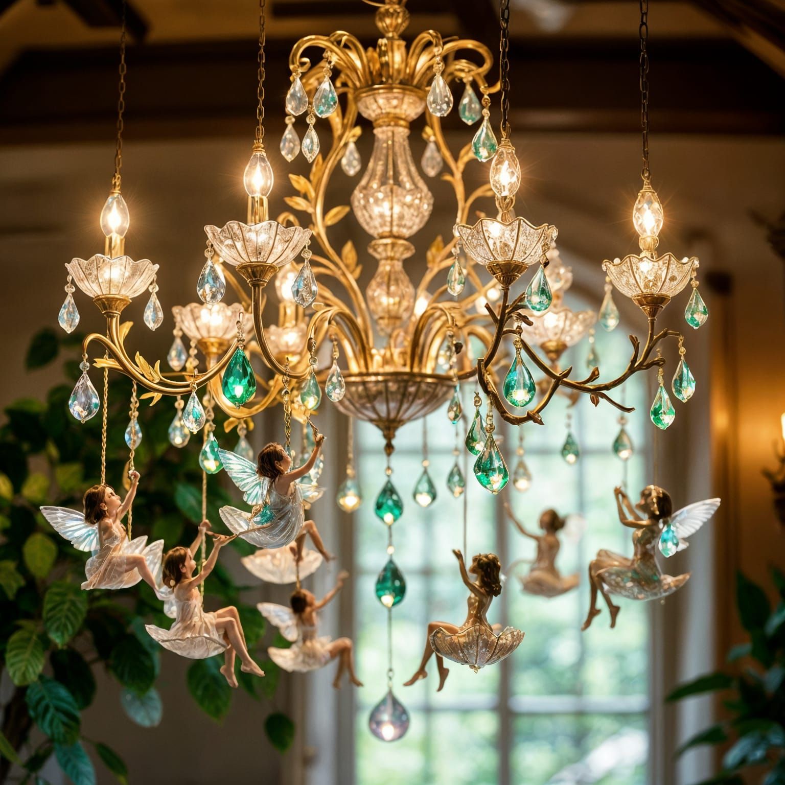 Enchanted Crystal Chandelier with Pixies in Twilight