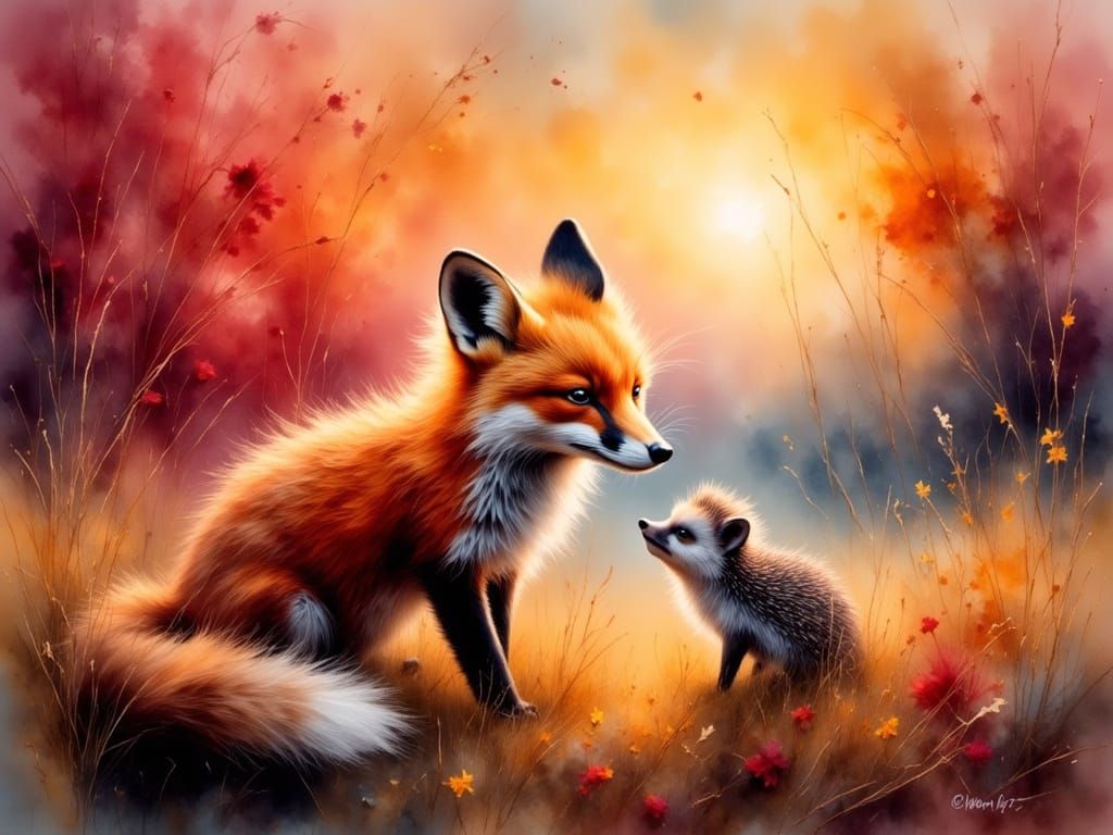 Grunge Oil Painting of Red Fox and Hedgehog in a Mystical Su...
