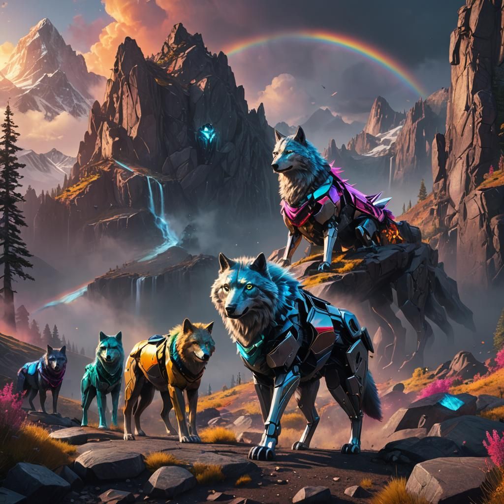 Crystal Robot Wolves at Sunset: Fantasy Concept Art