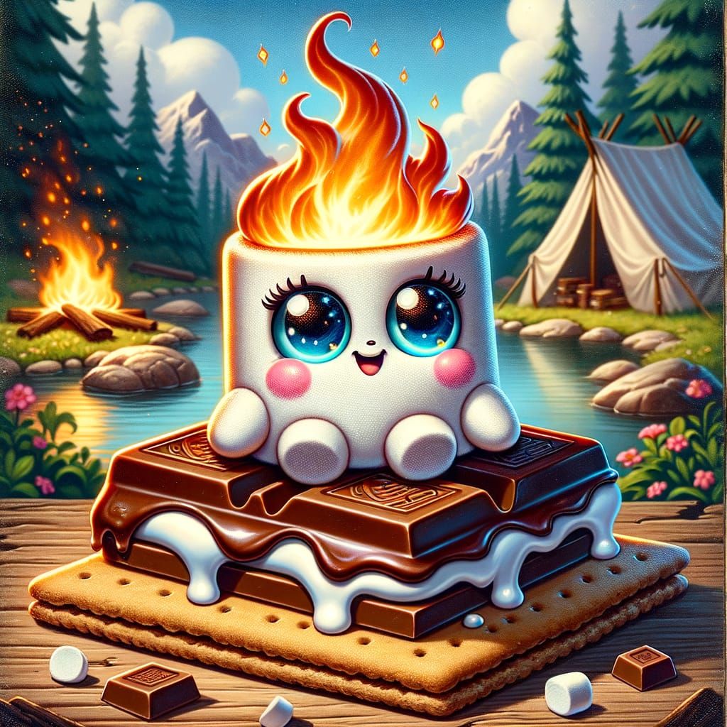 Whimsical Marshmallow Campfire Scene Illustration