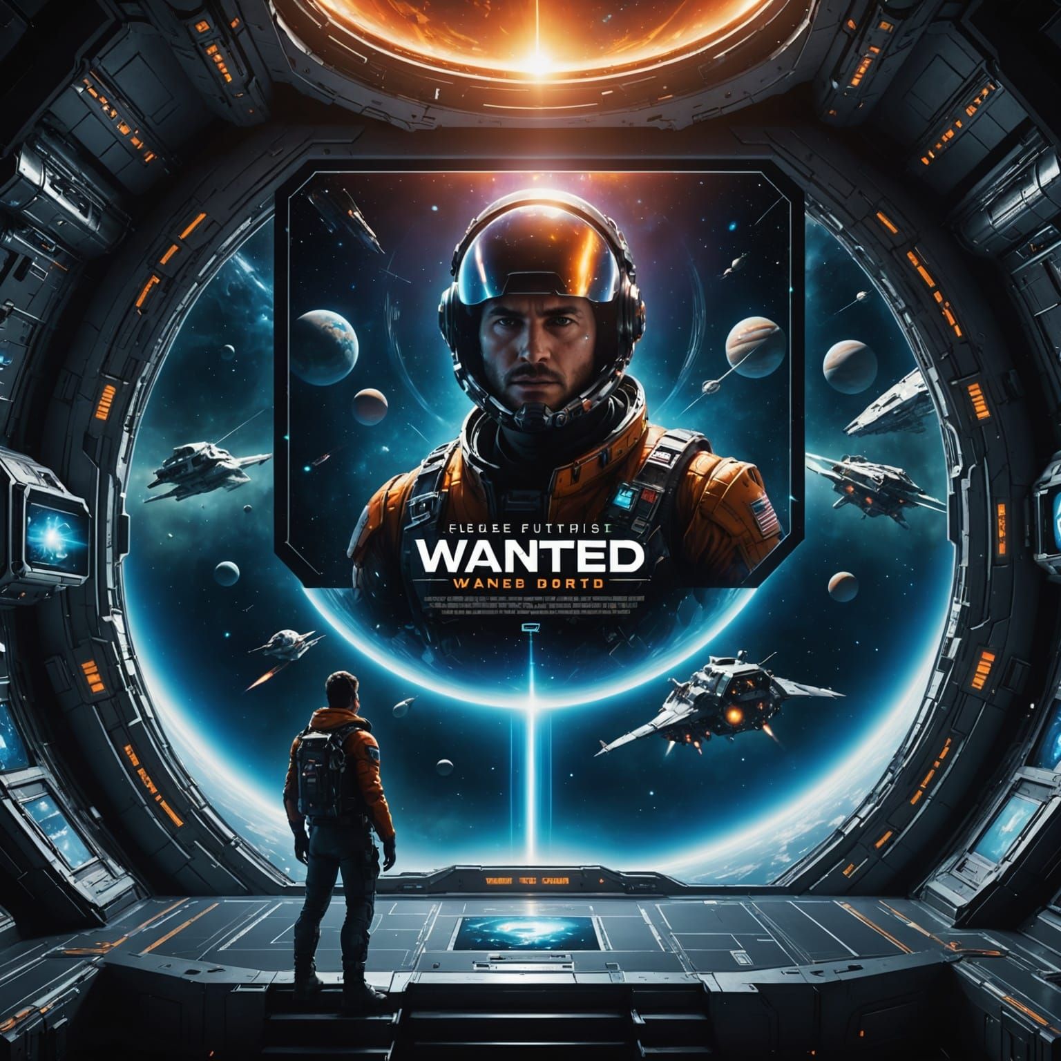 A futuristic wanted poster being projected off a spaceship i...