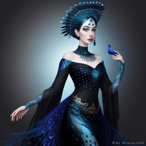 Woman with Peacock Feathers: Cosmic Astral Illustration