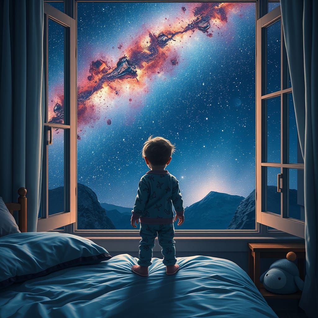 Child Gazes at Starry Night Sky in Digital Matte Painting