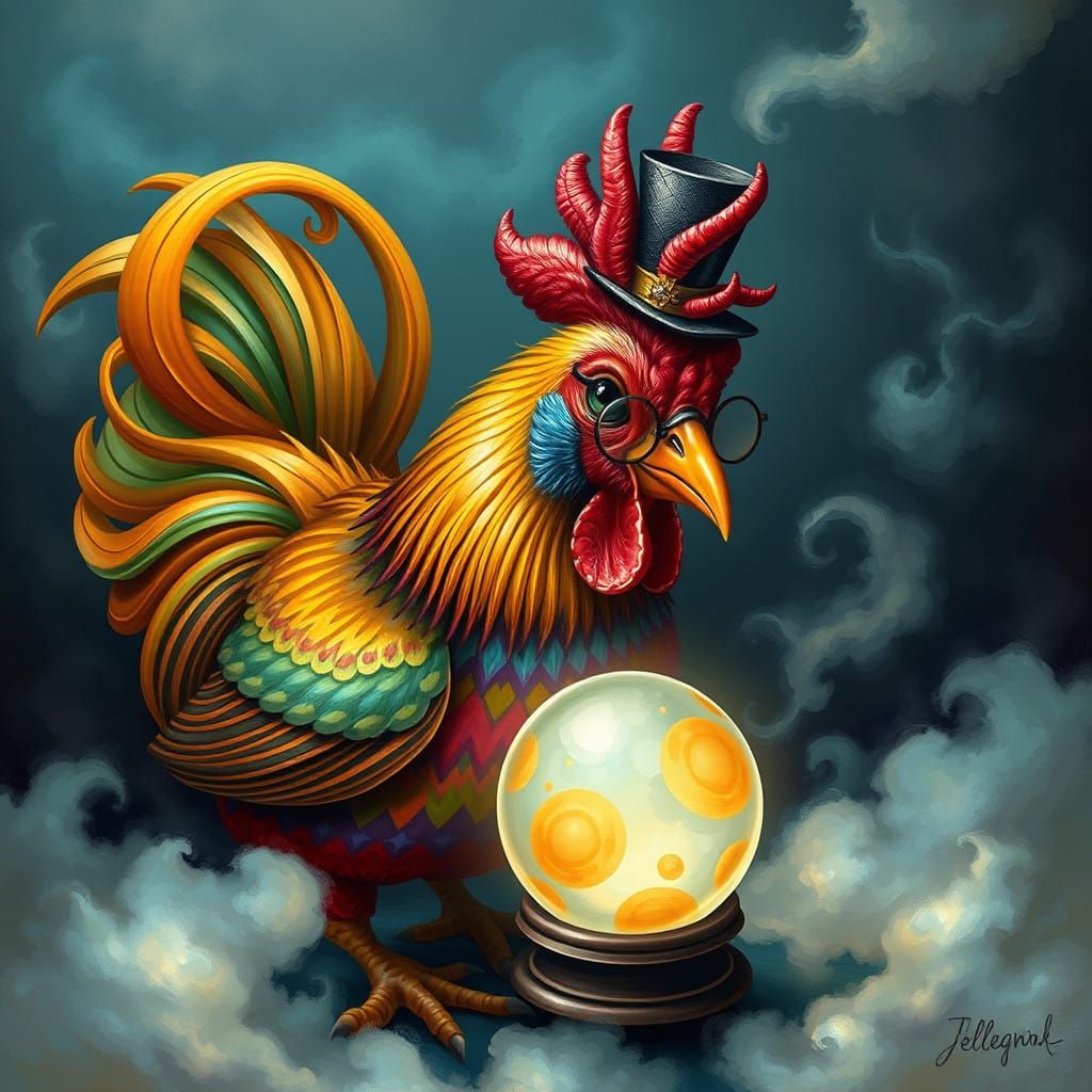 Surreal Chicken Seer in Iridescent Feathers and Fog