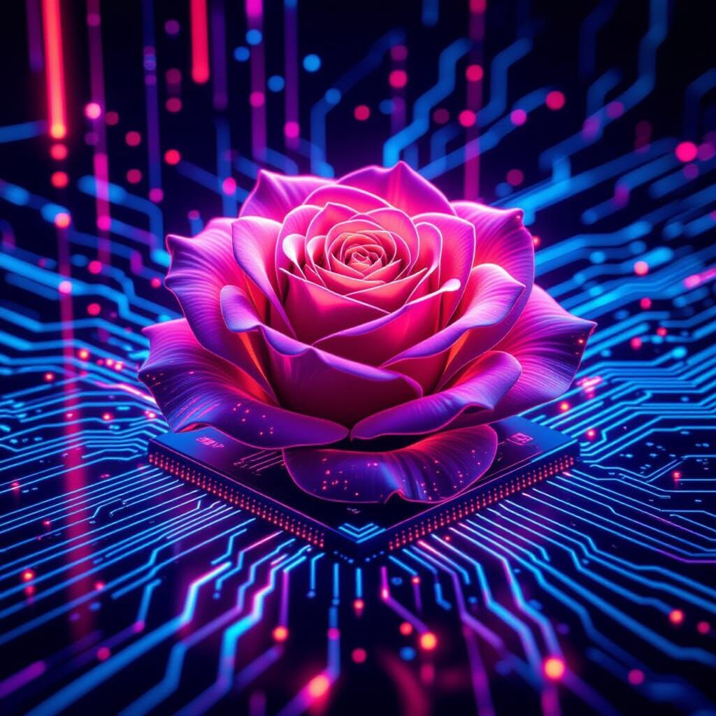Glowing Circuit Rose: A Synthwave Digital Matte Painting
