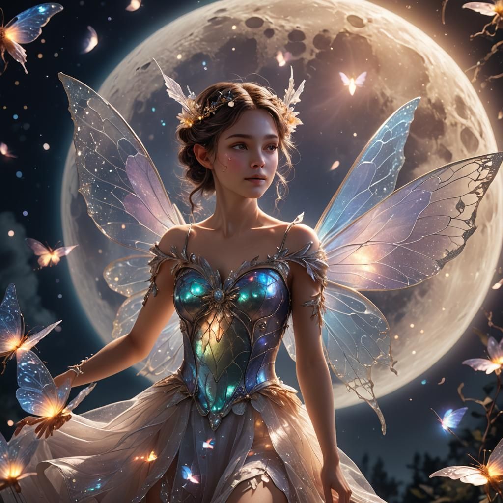 glowing  fairy on the moon beautiful iridescent Unreal Engine 5