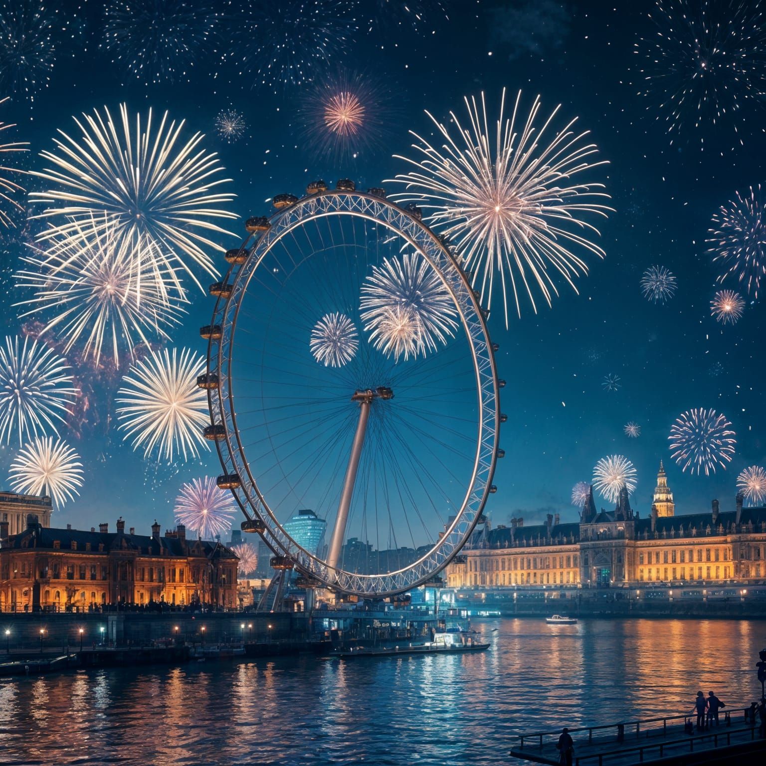London Eye Amidst Vibrant New Year Fireworks