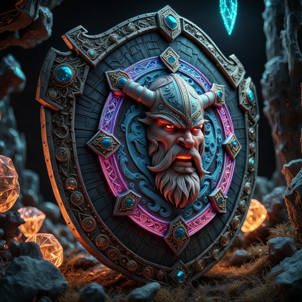 Diamond Viking with Bioluminescent Shield in 3D Neon