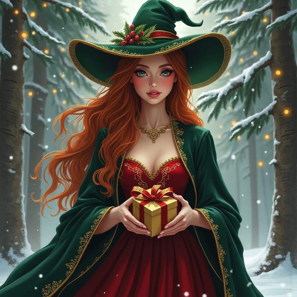 Festive Auburn-Haired Witch in Winter Wonderland