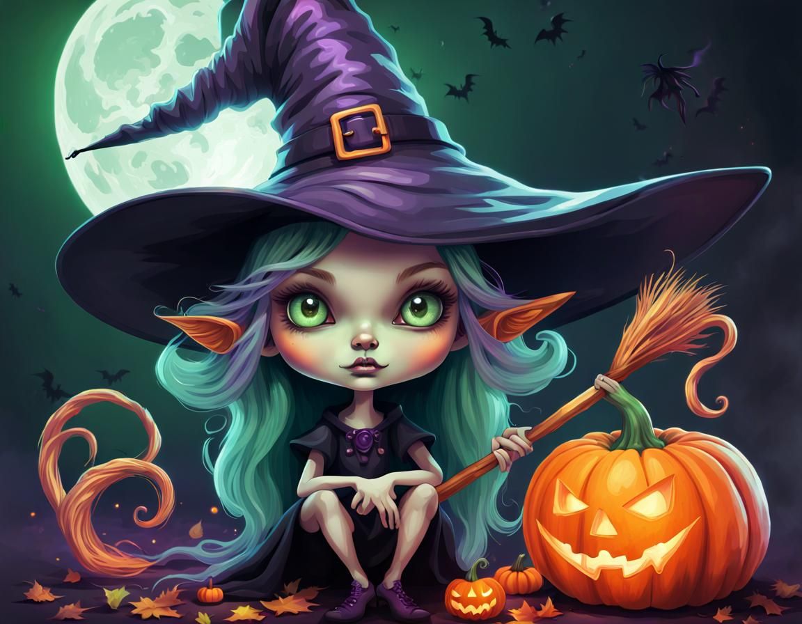 Adorable Witch Brewing Cosmic Potion in Halloween Style