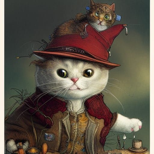 Anthropomorphic Cat in Hat, Detailed Matte Drawing