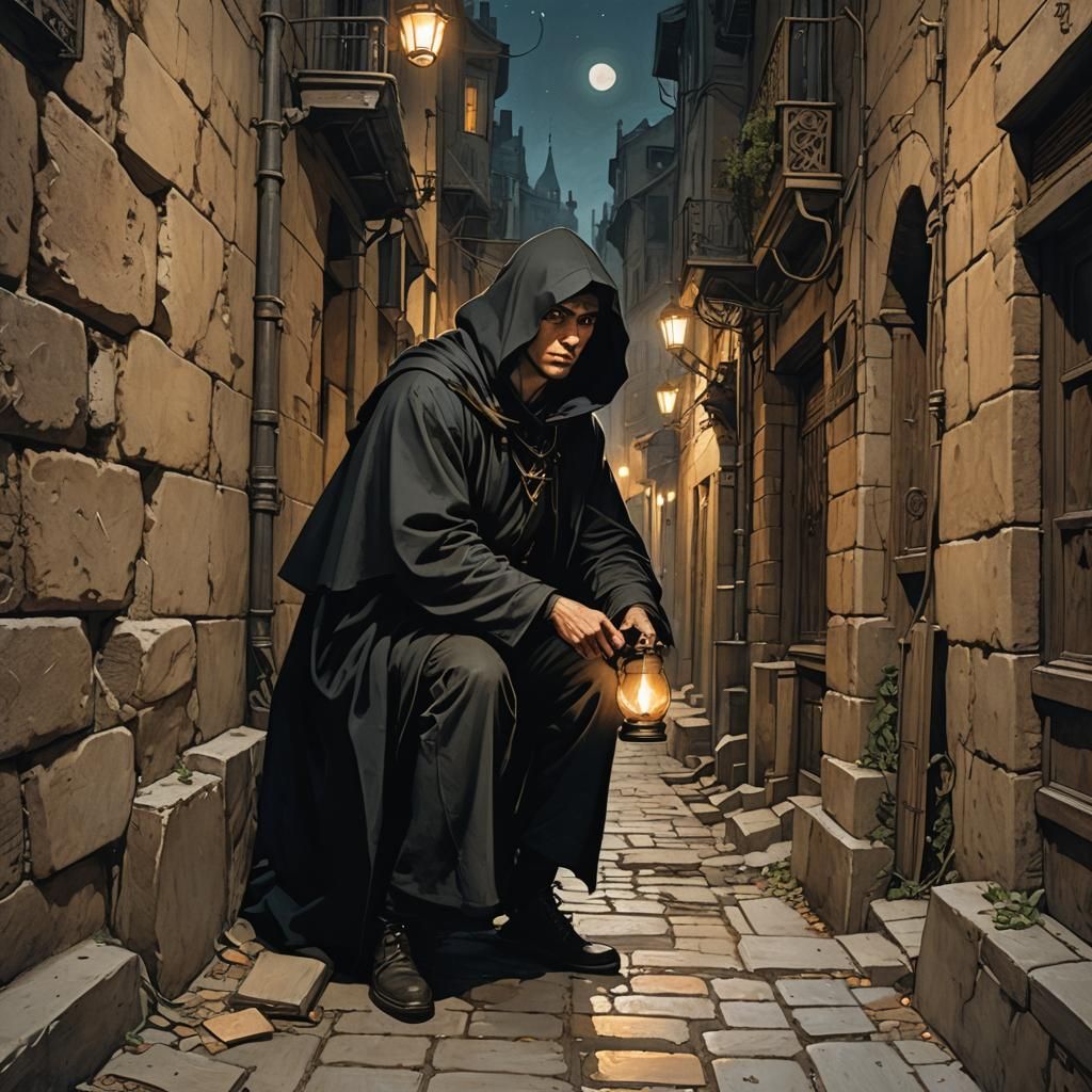 Medieval Thief in Moonlit Alley, Art Nouveau Style