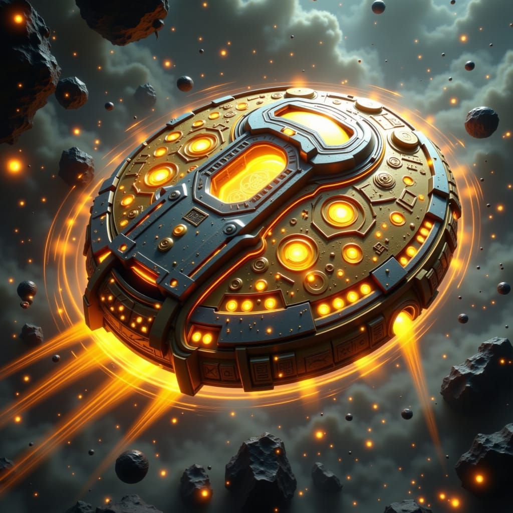 Ornate Roomba Hovering with Arcane Energy in Cosmic Dust