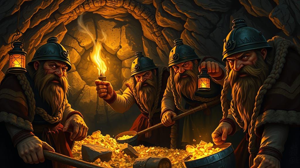 Dwarves Mining Gold in Fantasy Illustration Style