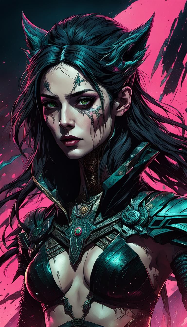 Goddess of Death with Wolf in Cyberpunk Style