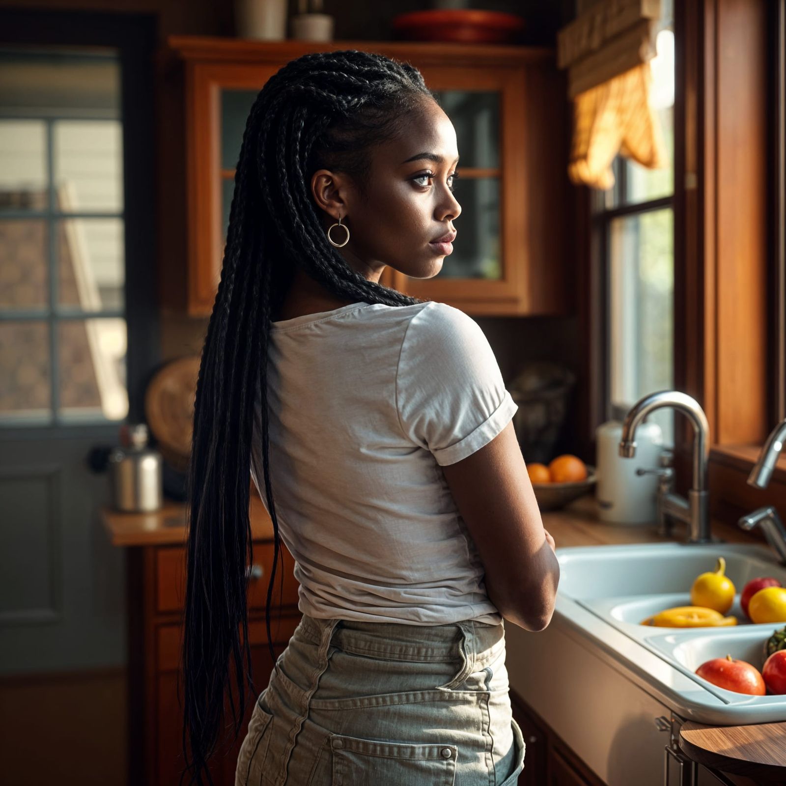 Beautiful Woman Gazing from Quaint Kitchen Window