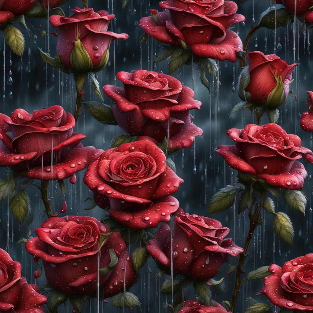 Fantastical Roses with Raindrops, Digital Matte Painting