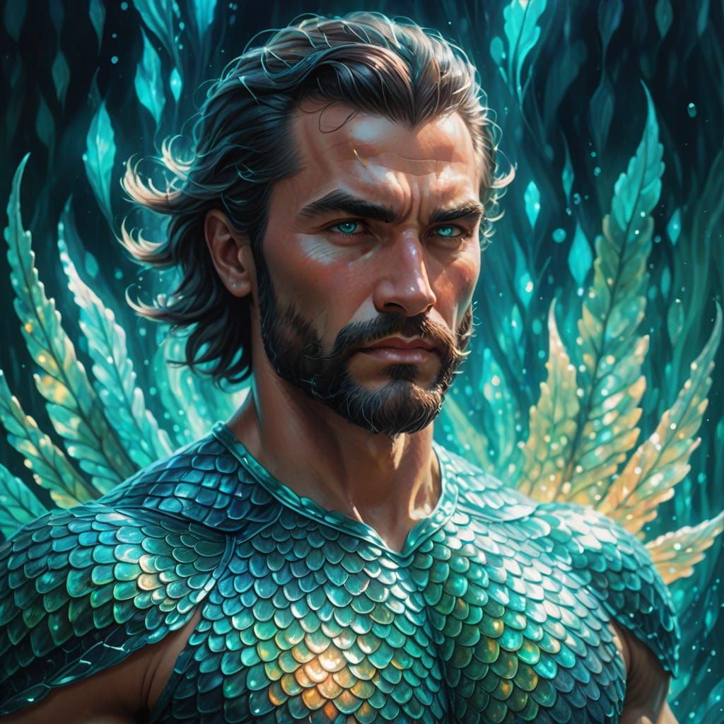 Mystical Muscular Man with Fish Tail in Oil Painting