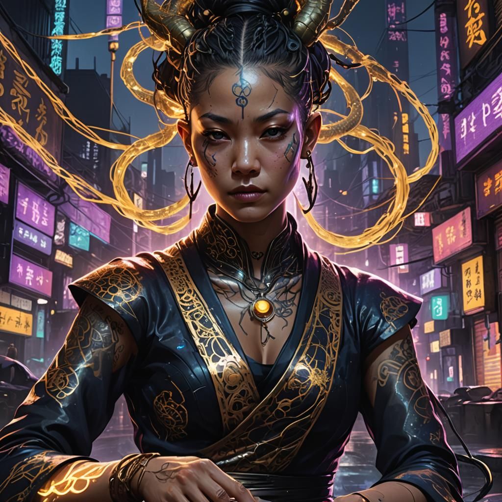 Cyberpunk Monk Meditating in Neon Cityscape