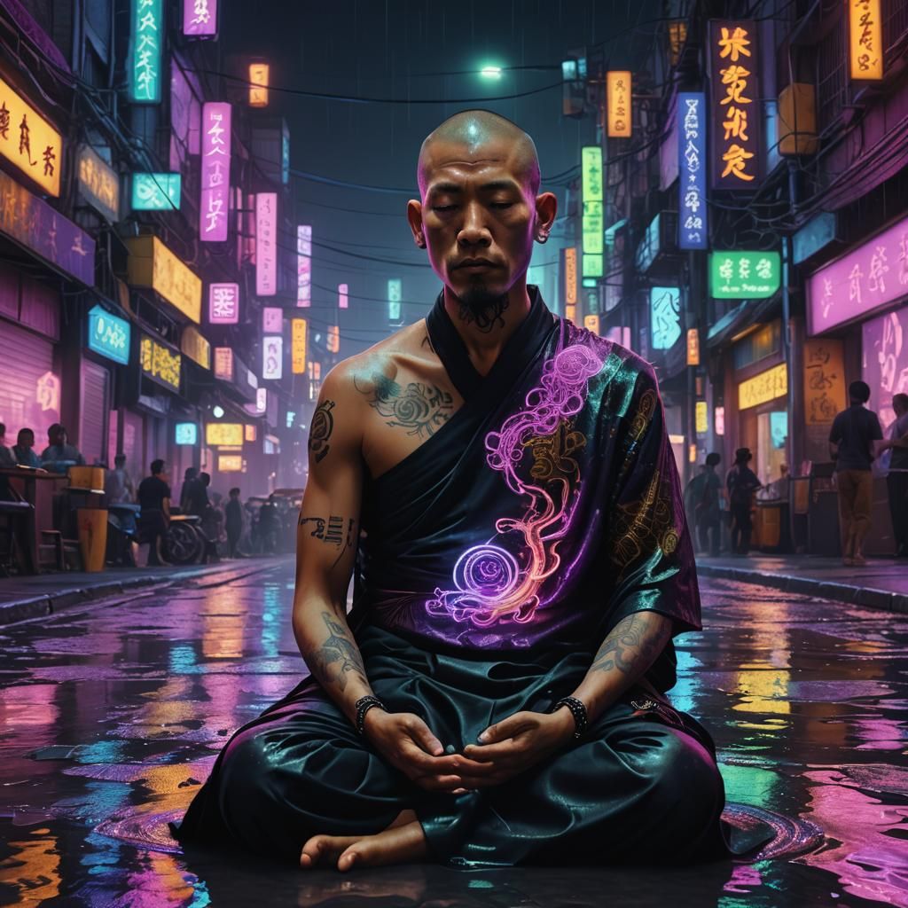 Cyberpunk Monk Meditating in Neon Cityscape