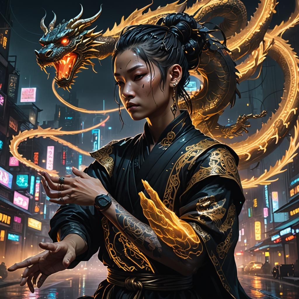 Cyberpunk Monk Meditating in Neon Cityscape