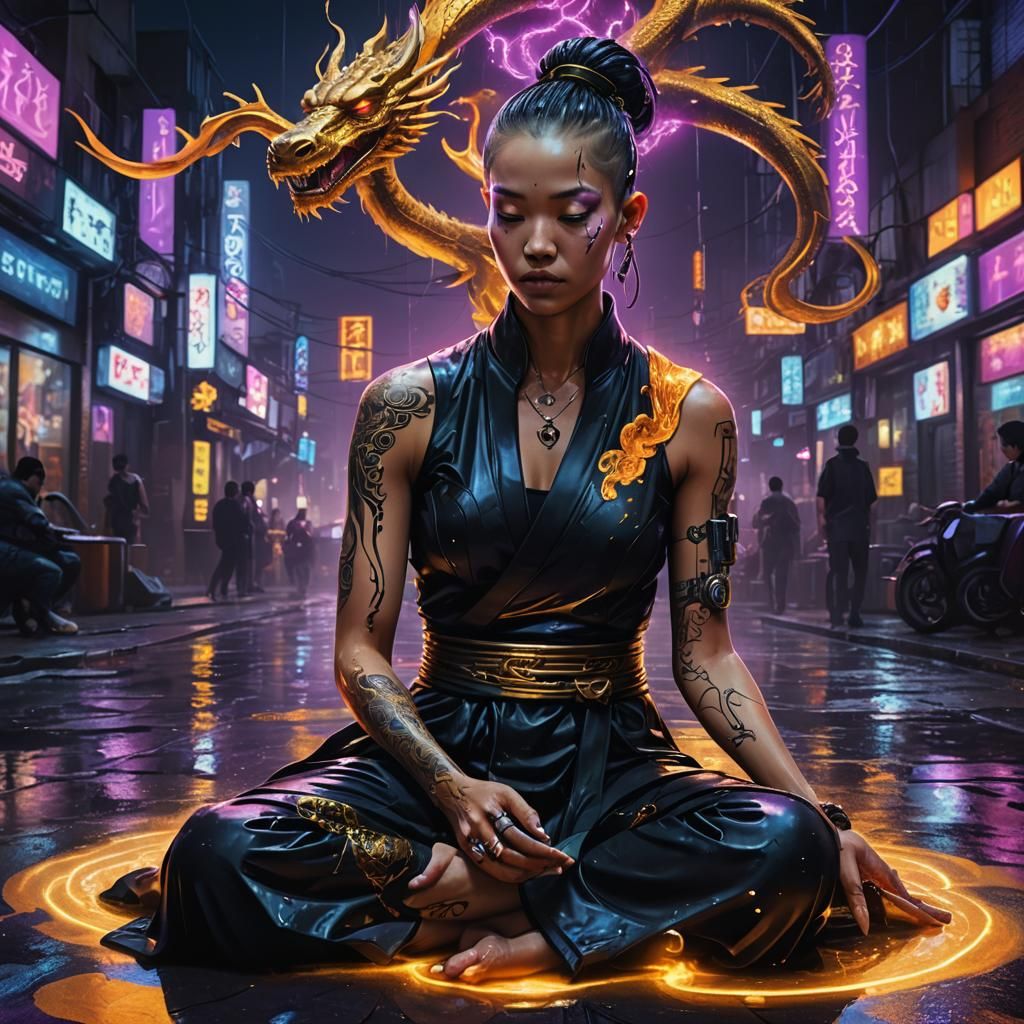 Cyberpunk Monk Meditating in Neon Cityscape