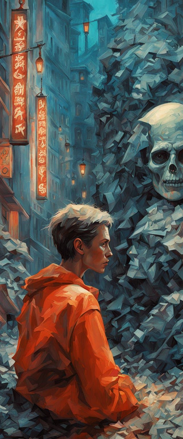 Surreal Portrait of Shattered Porcelain in Neon-Lit Dark Fan...