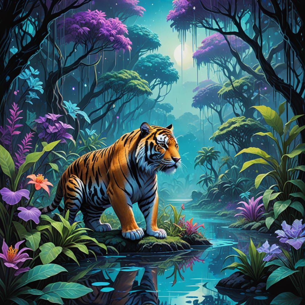 Bioluminescent Tiger in Alien Jungle Dreamscape