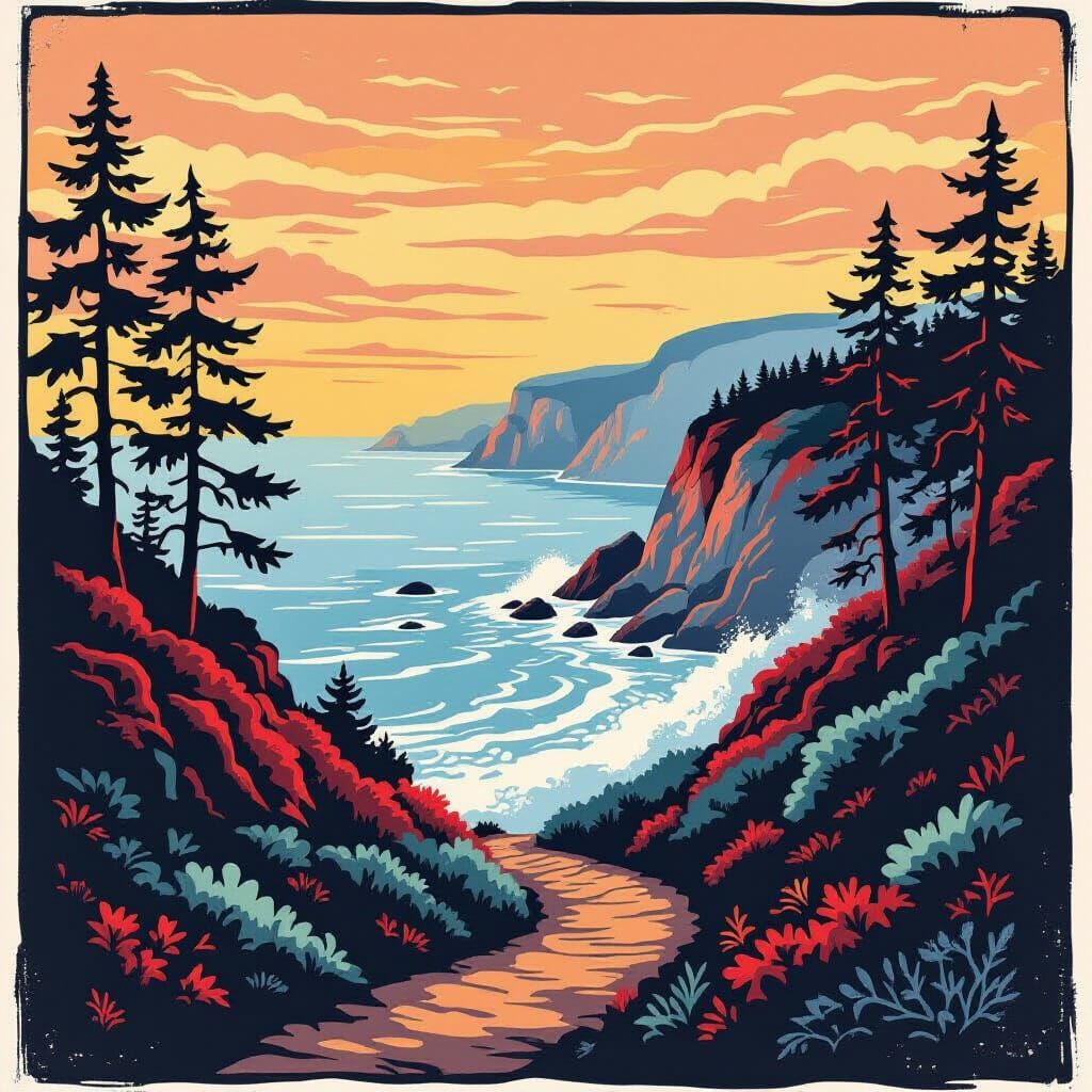 Stylized Coastal Landscape Reduction Linocut Art