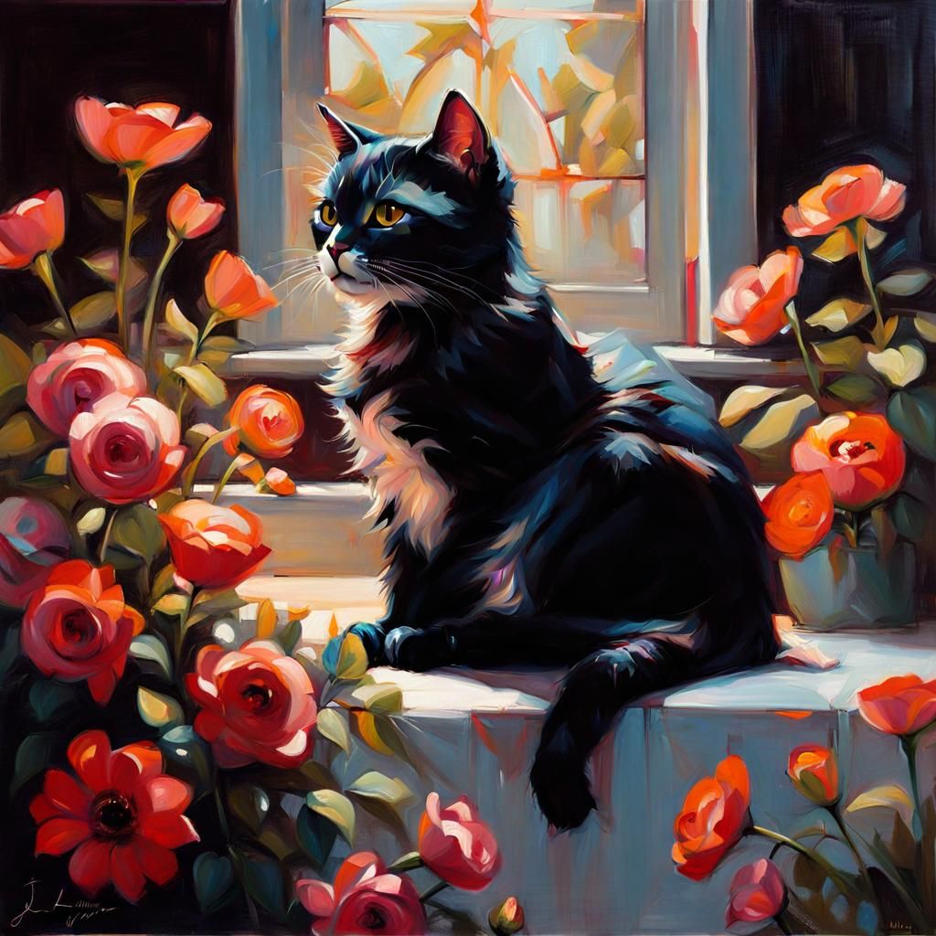 Cute Cat Portrait with Flowers and Heart Lights