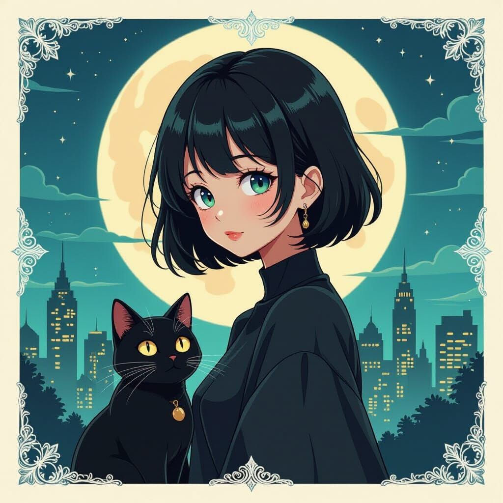Mystical Anime Girl & Cat in Minimalist Night City