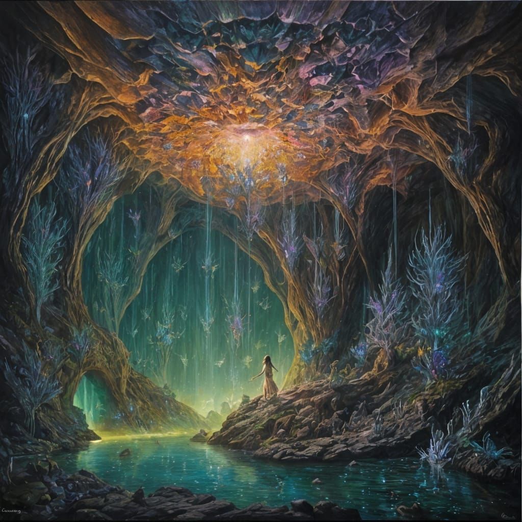 Luminescent Fairies Descend into a Glowing Cavern