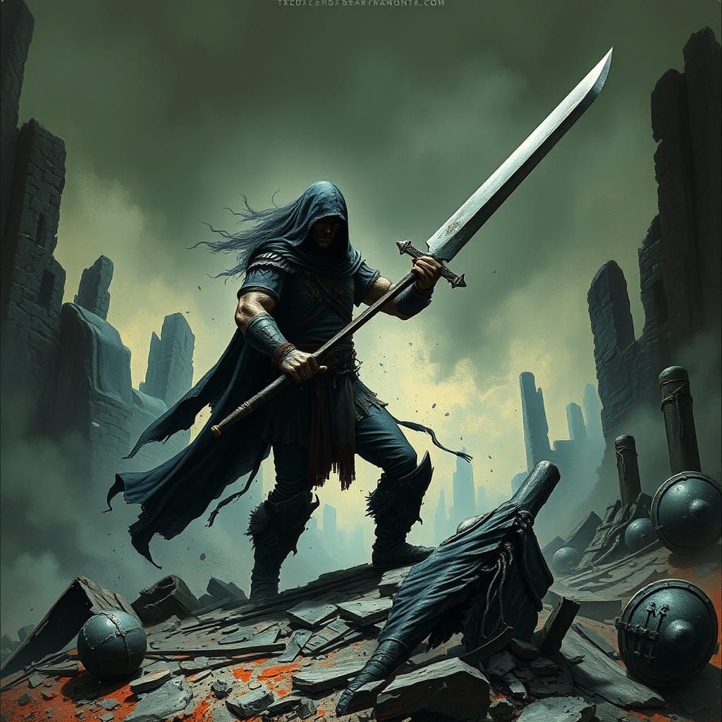 Dark Fantasy Warrior in Ruined Gothic World