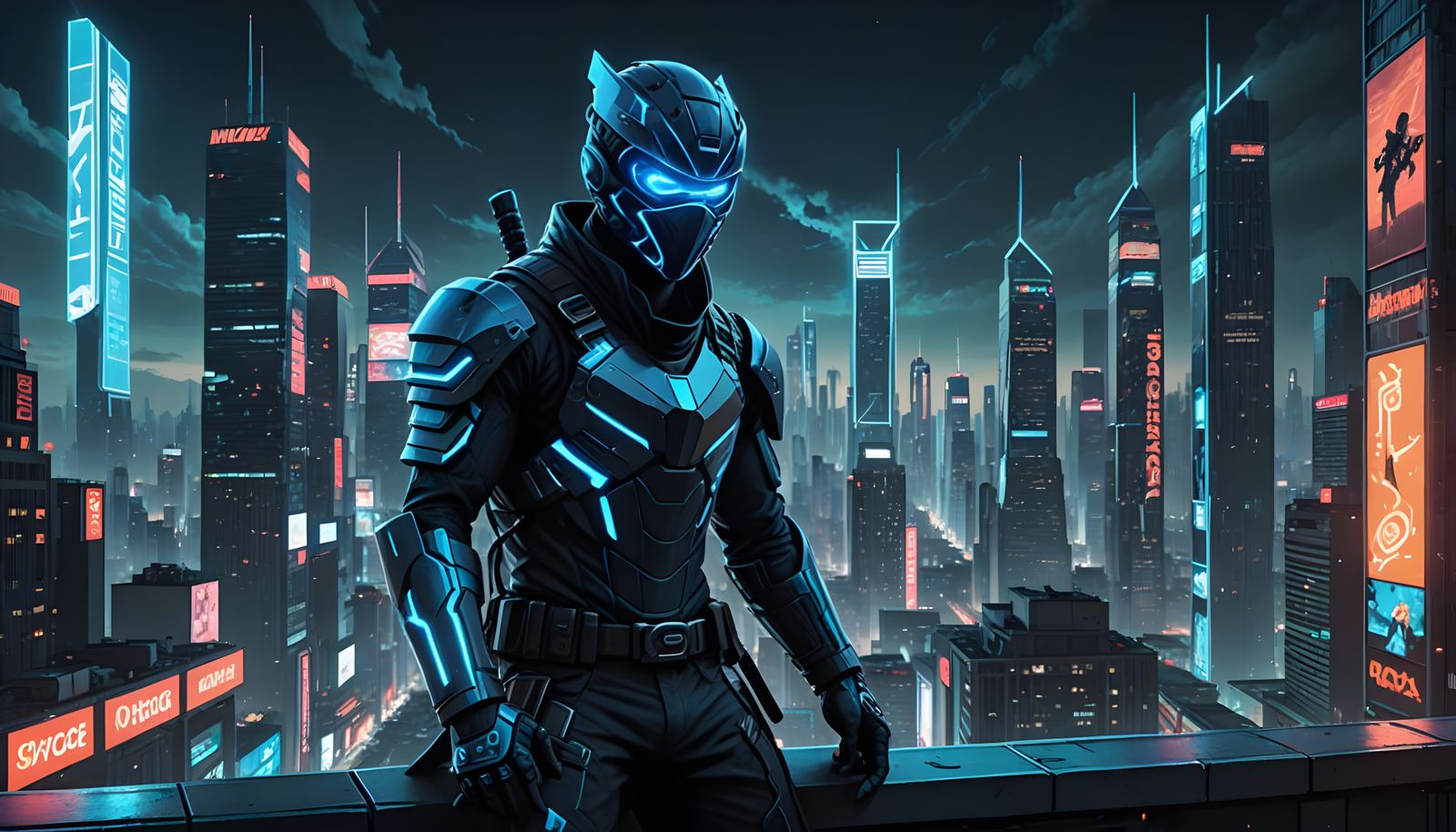 Mystical Ninja in Cyberpunk Cityscape Radiates Intensity