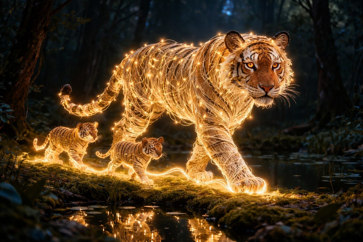 Glowing Thread Tigers in Mystical Forest