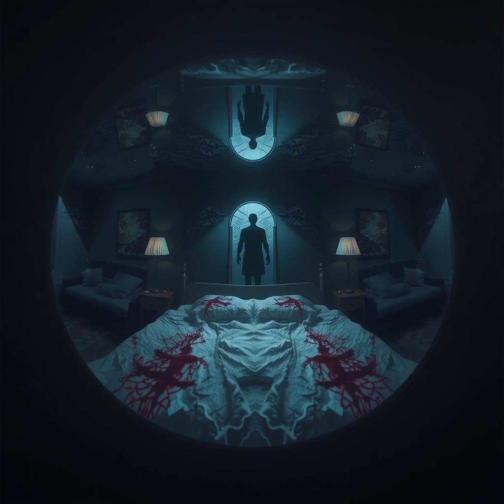 Dark Astral Projection in Mirrored Dystopian Bedroom