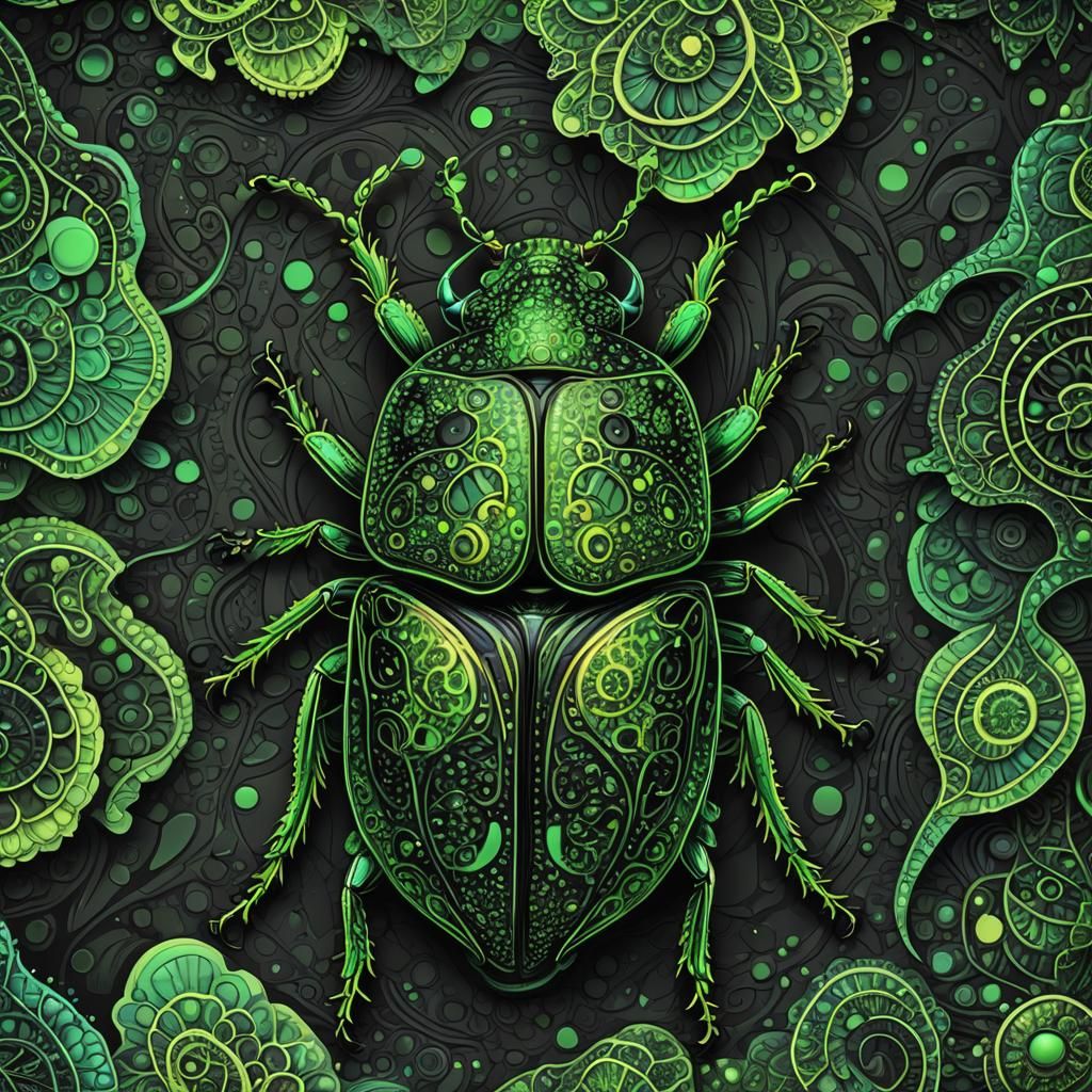Vibrant Green Beetle in Pointillism Style
