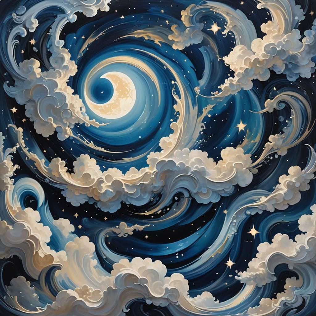 Surreal Night Sky with Swirling Clouds