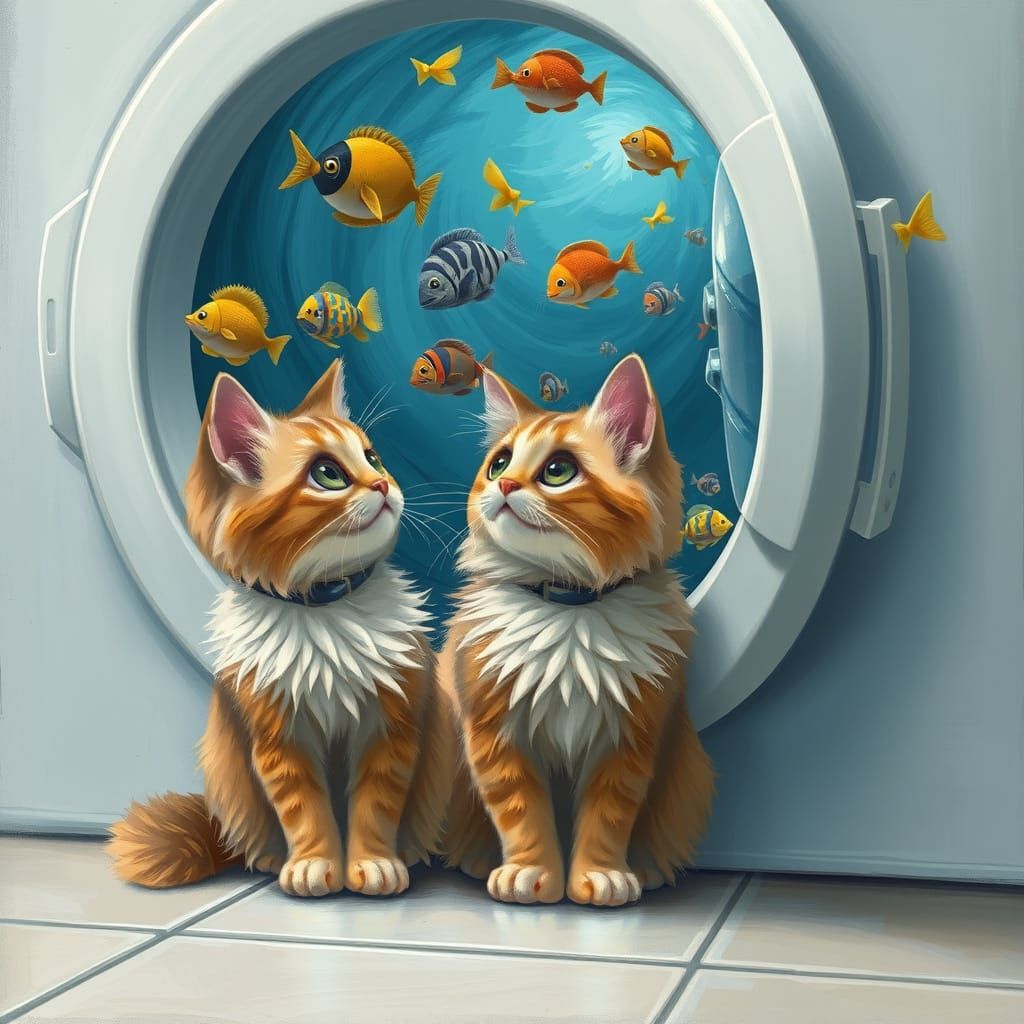 Cat Watches Washing Machine, Whimsical Digital Art