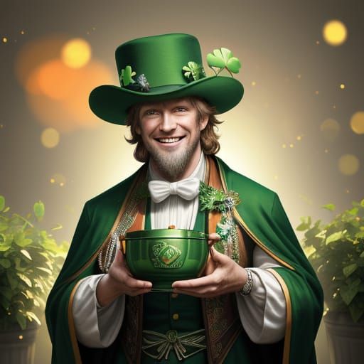 Joyful St Patrick in Vibrant Green Coat, Surrounded by Rainb...