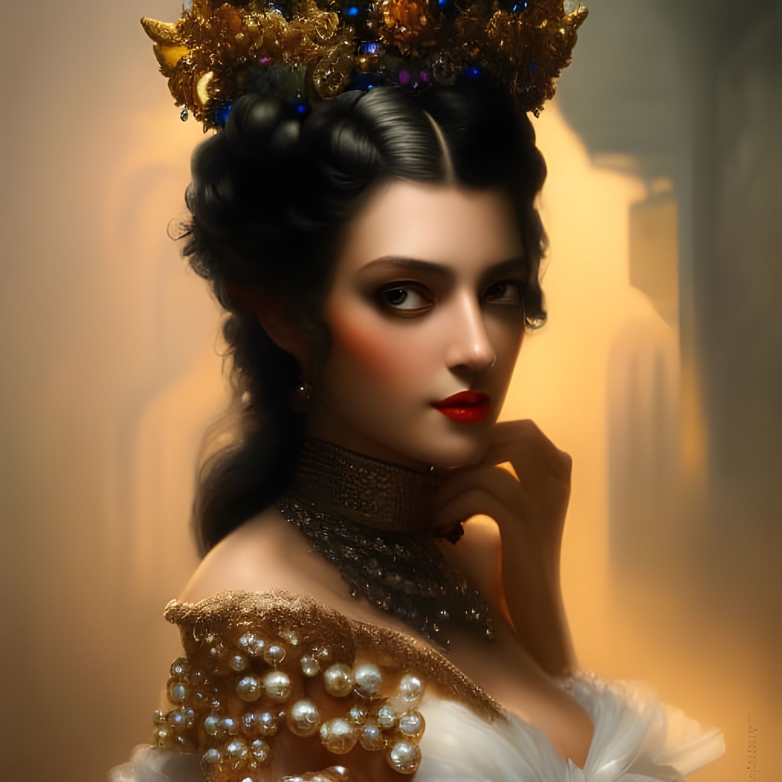 French Maid with Jeweled Crown: Hyperdetailed Fantasy Art