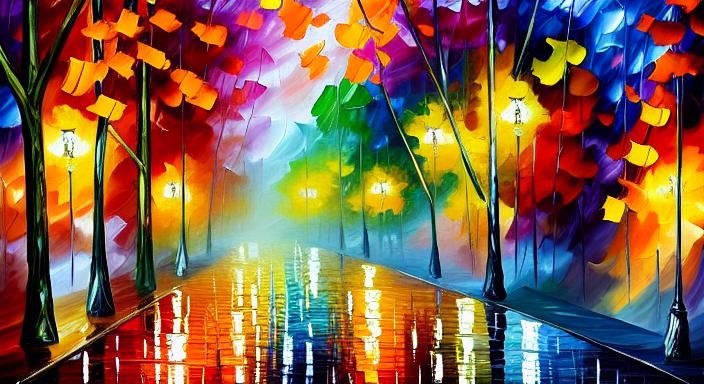 Rainy Park Alley in Vivid Impasto Autumn Colors