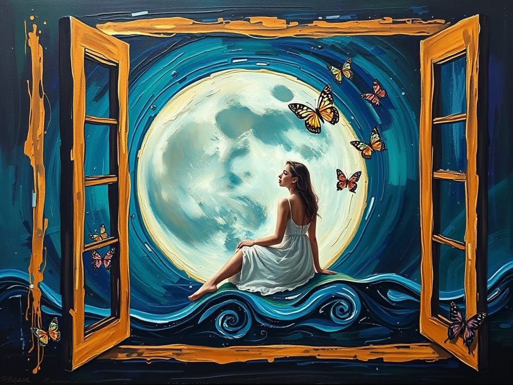 Woman on the Moon, Neo-Expressionist Oil Painting